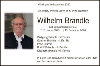 Anzeige von Wilhelm Brändle von Reutlinger General-Anzeiger