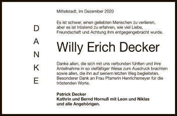 Anzeige von Willy Erich Decker von Reutlinger General-Anzeiger