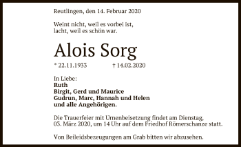 Anzeige von Alois Sorg von Reutlinger General-Anzeiger