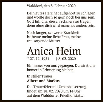 Anzeige von Anica Heim von Reutlinger General-Anzeiger