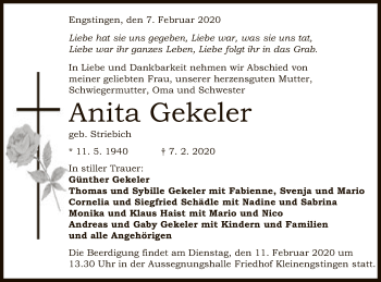 Anzeige von Anita Gekeler von Reutlinger General-Anzeiger