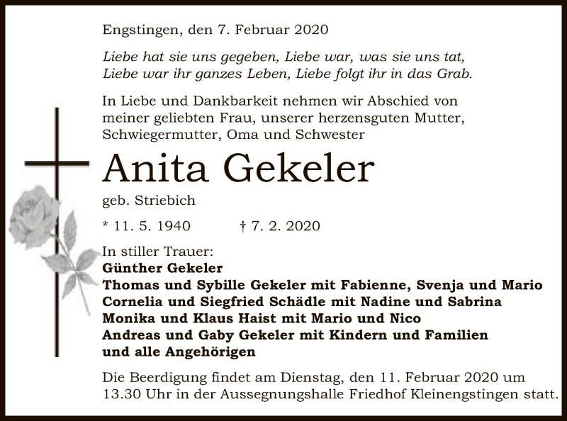  Traueranzeige für Anita Gekeler vom 10.02.2020 aus Reutlinger General-Anzeiger