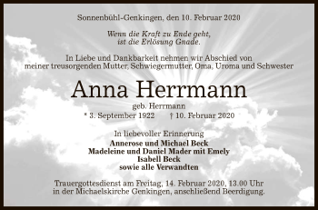 Anzeige von Anna Herrmann von Reutlinger General-Anzeiger