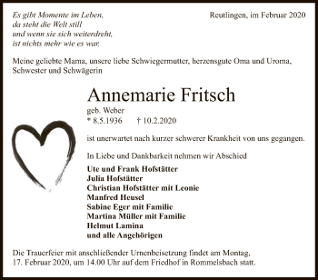 Anzeige von Annemarie Fritsch von Reutlinger General-Anzeiger