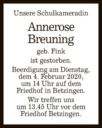 Anzeige von Annerose Breuning von Reutlinger General-Anzeiger