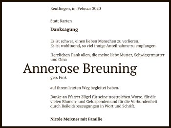 Anzeige von Annerose Breuning von Reutlinger General-Anzeiger