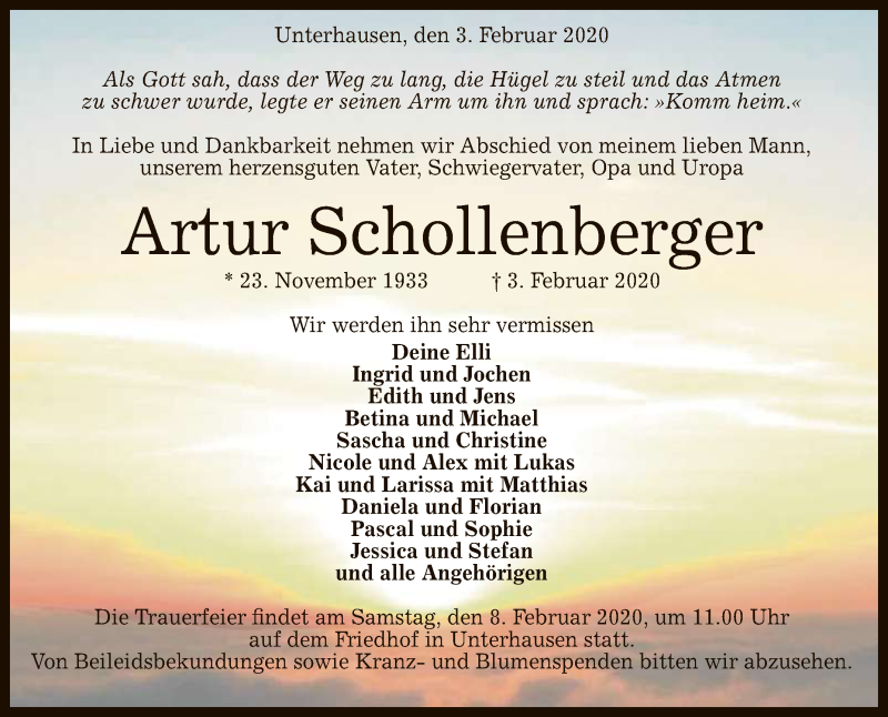  Traueranzeige für Artur Schollenberger vom 05.02.2020 aus Reutlinger General-Anzeiger
