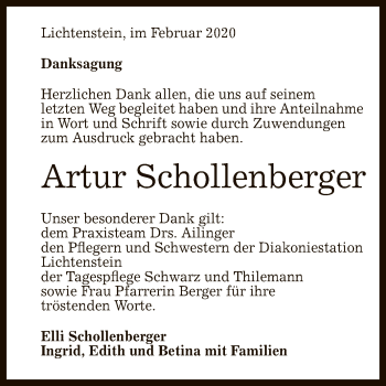Anzeige von Artur Schollenberger von Reutlinger General-Anzeiger