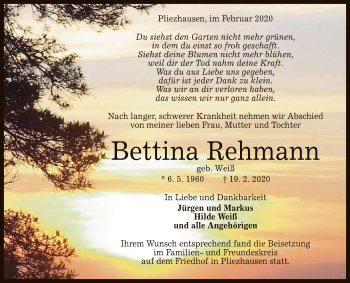 Anzeige von Bettina Rehmann von Reutlinger General-Anzeiger