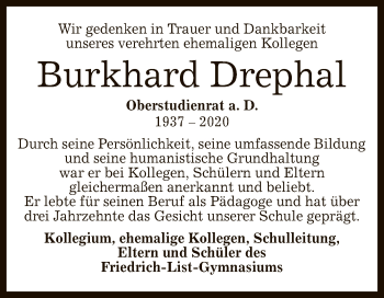 Anzeige von Burkhard Drephal von Reutlinger General-Anzeiger