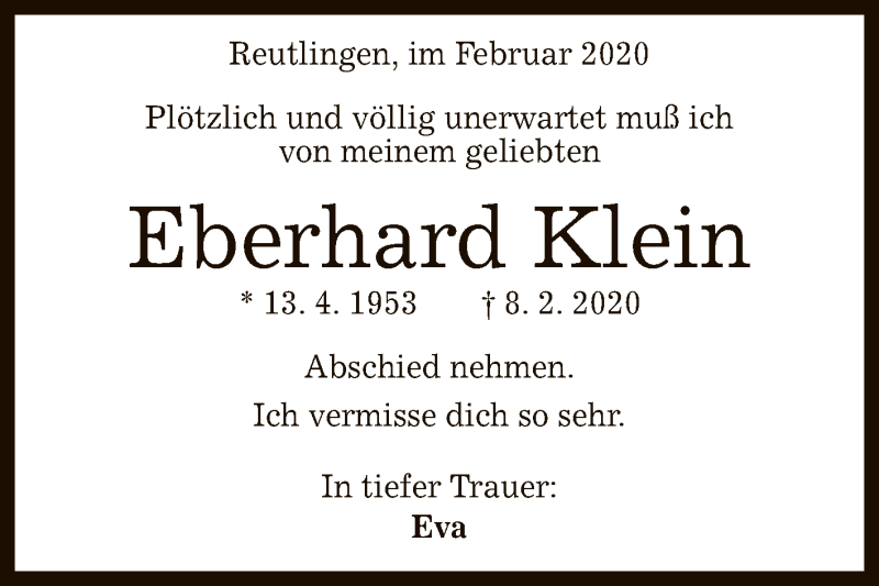  Traueranzeige für Eberhard Klein vom 22.02.2020 aus Reutlinger General-Anzeiger