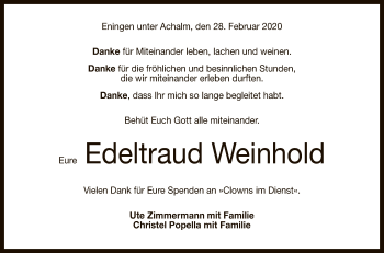 Anzeige von Edeltraud Weinhold von Reutlinger General-Anzeiger