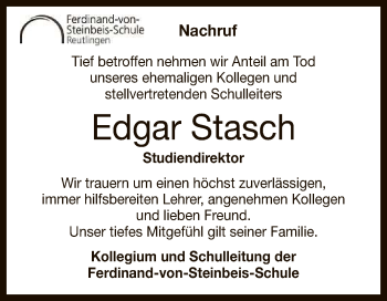 Anzeige von Edgar Stasch von Reutlinger General-Anzeiger