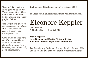 Anzeige von Eleonore Keppler von Reutlinger General-Anzeiger