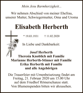 Anzeige von Elisabeth Herberth von Reutlinger General-Anzeiger