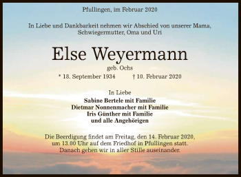 Anzeige von Else Weyermann von Reutlinger General-Anzeiger