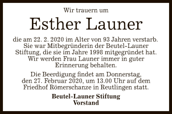 Anzeige von Esther Launer von Reutlinger General-Anzeiger