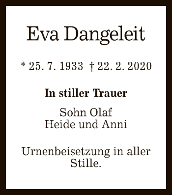 Anzeige von Eva Dangeleit von Reutlinger General-Anzeiger