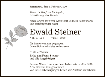 Anzeige von Ewald Steiner von Reutlinger General-Anzeiger