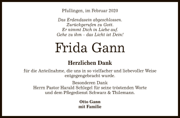 Anzeige von Frida Gann von Reutlinger General-Anzeiger