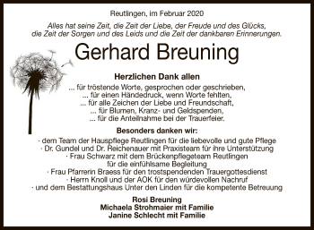 Anzeige von Gerhard Breuning von Reutlinger General-Anzeiger