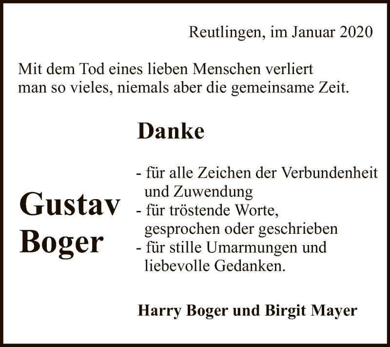  Traueranzeige für Gustav Boger vom 01.02.2020 aus Reutlinger General-Anzeiger