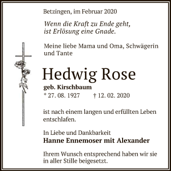 Anzeige von Hedwig Rose von Reutlinger General-Anzeiger
