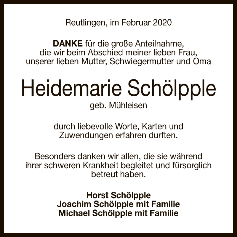  Traueranzeige für Heidemarie Schölpple vom 08.02.2020 aus Reutlinger General-Anzeiger