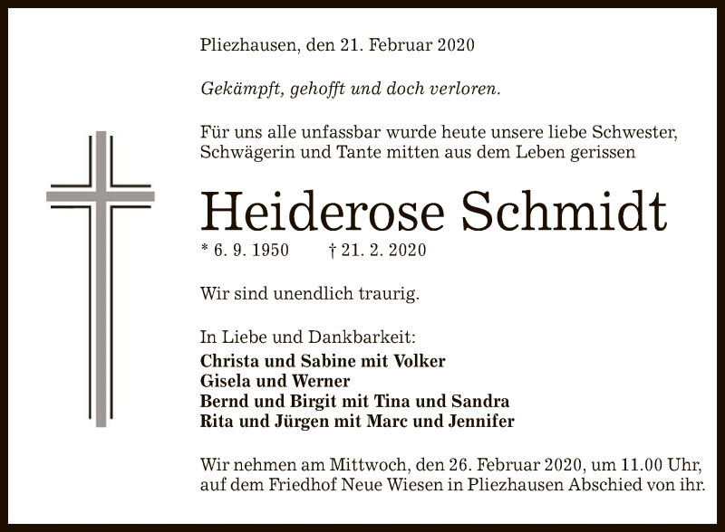  Traueranzeige für Heiderose Schmidt vom 24.02.2020 aus Reutlinger General-Anzeiger