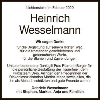 Anzeige von Heinrich Wesselmann von Reutlinger General-Anzeiger