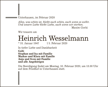 Anzeige von Heinrich Wesselmann von Reutlinger General-Anzeiger
