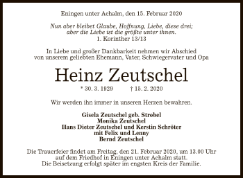 Anzeige von Heinz Zeutschel von Reutlinger General-Anzeiger