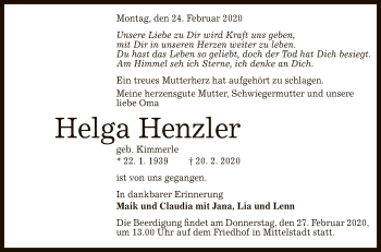 Anzeige von Helga Henzler von Reutlinger General-Anzeiger