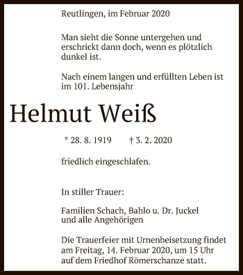 Anzeige von Helmut Weiß von Reutlinger General-Anzeiger