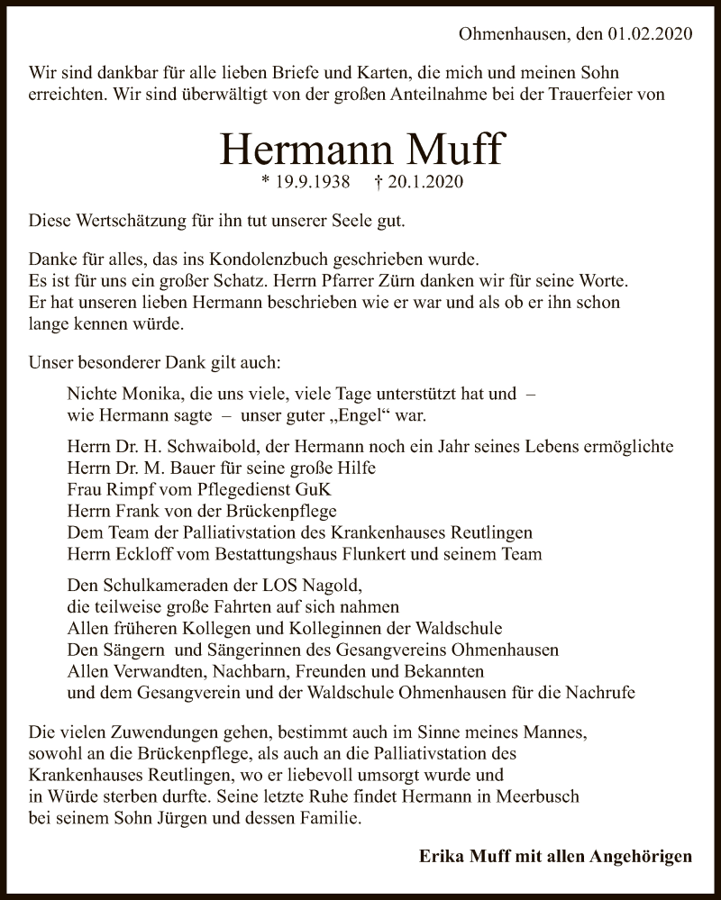  Traueranzeige für Hermann Muff vom 05.02.2020 aus Reutlinger General-Anzeiger