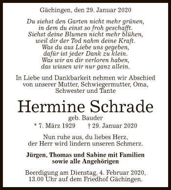 Anzeige von Hermine Schrade von Reutlinger General-Anzeiger