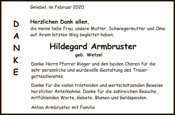 Anzeige von Hildegard Armbruster von Reutlinger General-Anzeiger