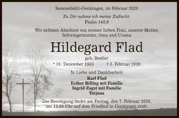 Anzeige von Hildegard Flad von Reutlinger General-Anzeiger