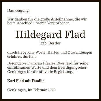 Anzeige von Hildegard Flad von Reutlinger General-Anzeiger