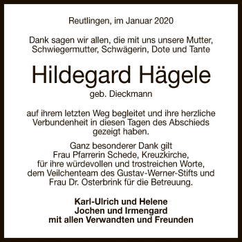 Anzeige von Hildegard Hägele von Reutlinger General-Anzeiger