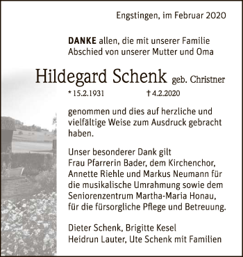 Anzeige von Hildegard Schenk von Reutlinger General-Anzeiger