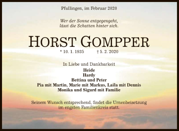 Anzeige von Horst Gompper von Reutlinger General-Anzeiger