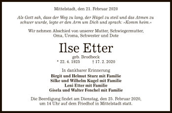 Anzeige von Ilse Etter von Reutlinger General-Anzeiger