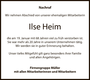 Anzeige von Ilse Heim von Reutlinger General-Anzeiger