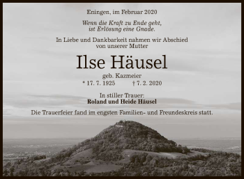 Anzeige von Ilse Häusel von Reutlinger General-Anzeiger
