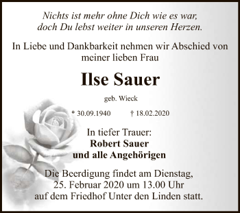 Anzeige von Ilse Sauer von Reutlinger General-Anzeiger