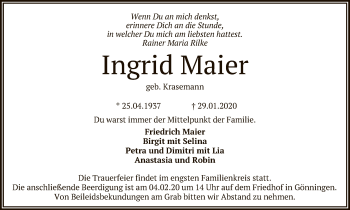 Anzeige von Ingrid Maier von Reutlinger General-Anzeiger
