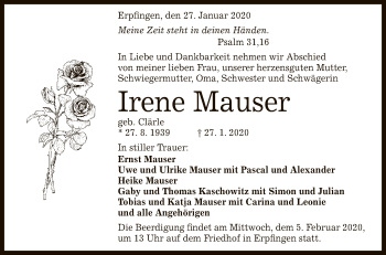 Anzeige von Irene Mauser von Reutlinger General-Anzeiger