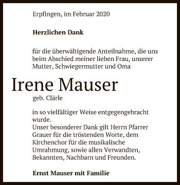 Anzeige von Irene Mauser von Reutlinger General-Anzeiger