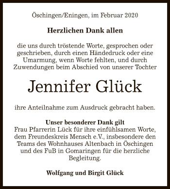 Anzeige von Jennifer Glück von Reutlinger General-Anzeiger